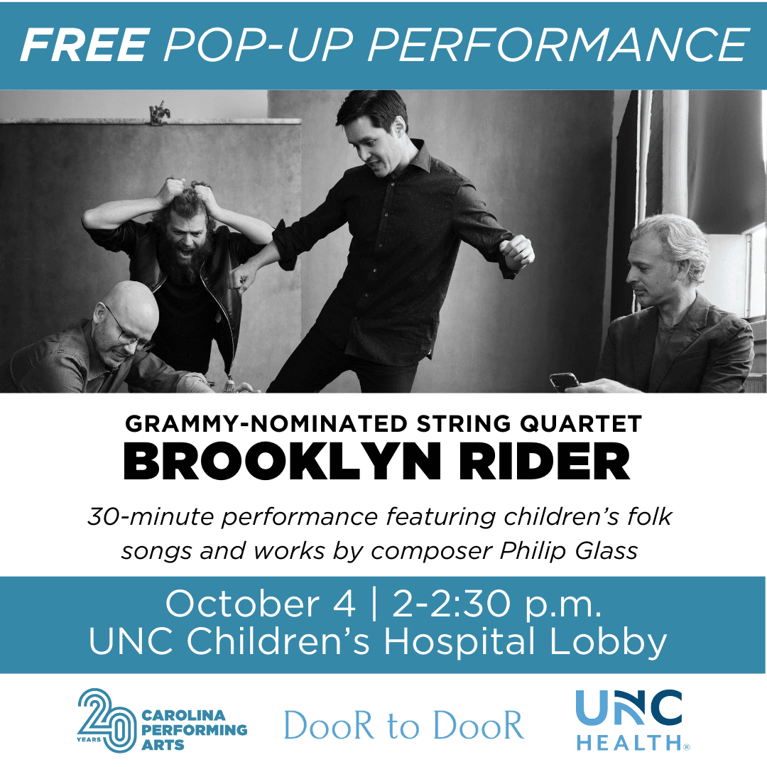 Brooklyn Rider pop-up performance flyer — Grammy-nominated quartet at UNC Children's Hospital Lobby